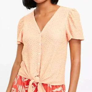 LOFT Orange Textured Button Front Top Flutter Short Sleeve Small Tie Front